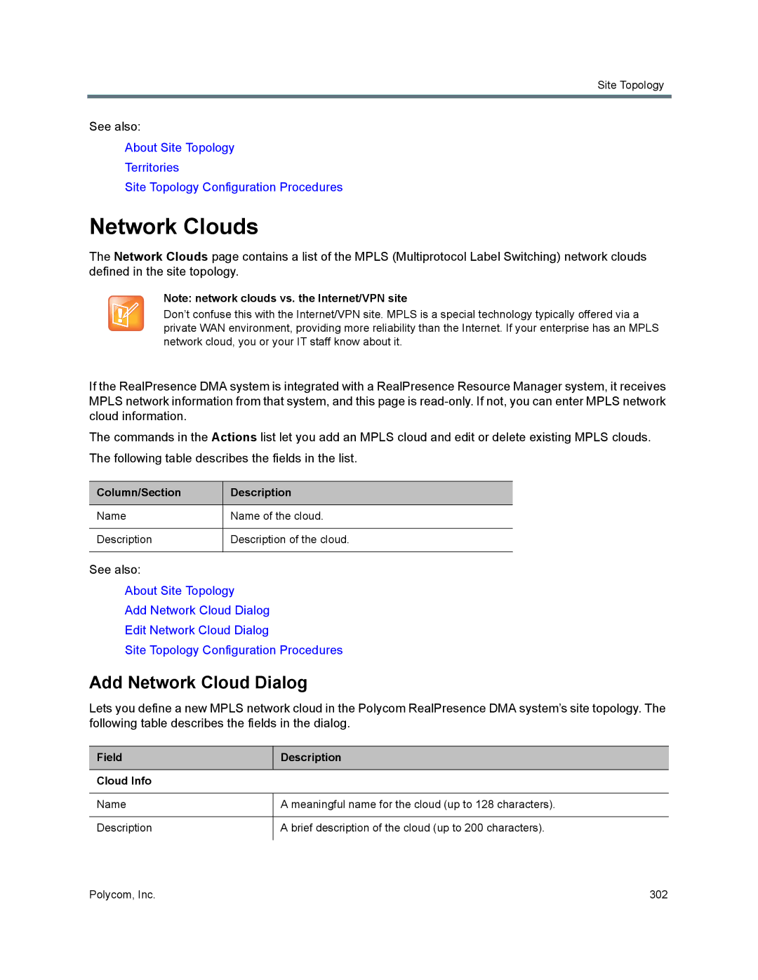 Polycom 7000 manual Network Clouds, Add Network Cloud Dialog, Field Cloud Info 