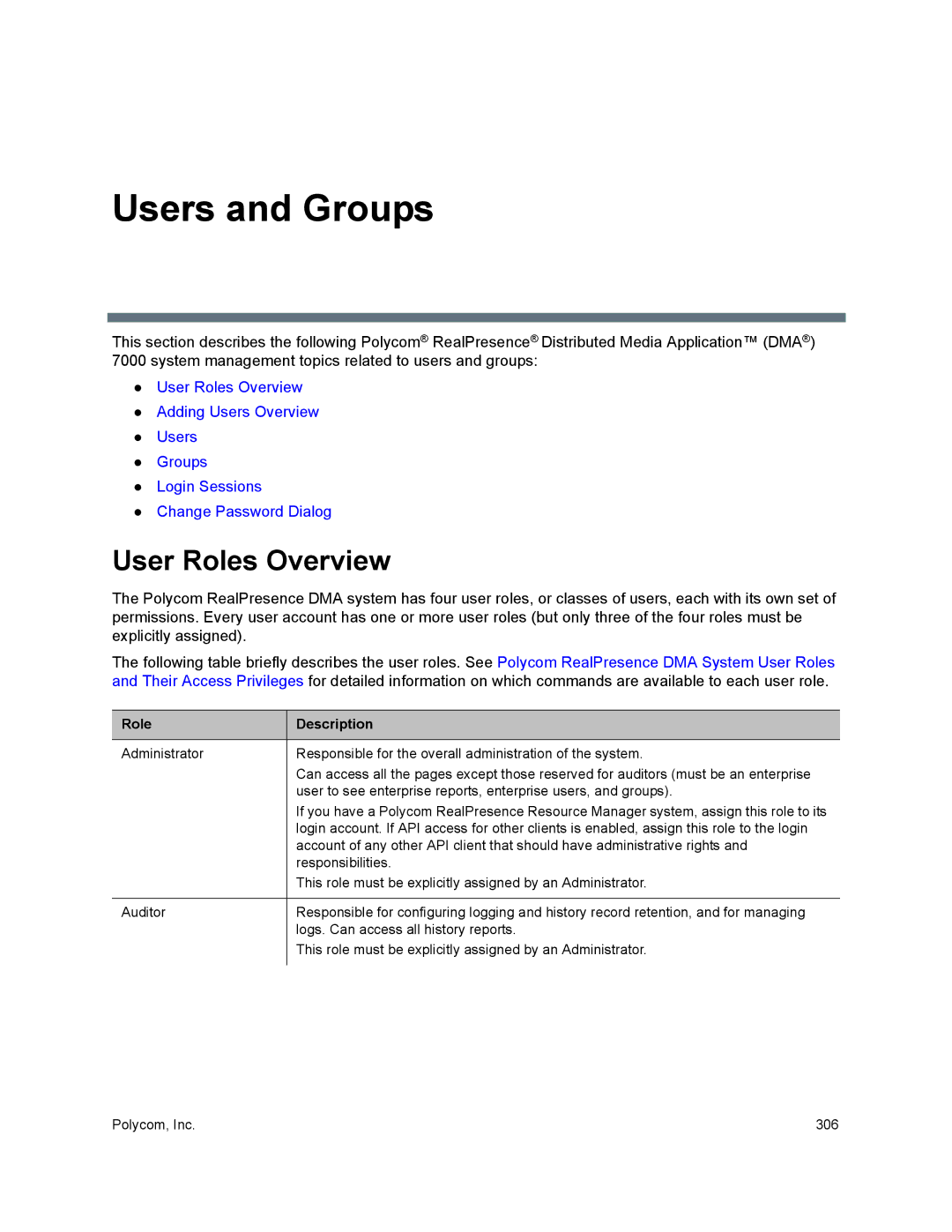 Polycom 7000 manual User Roles Overview, Role Description 