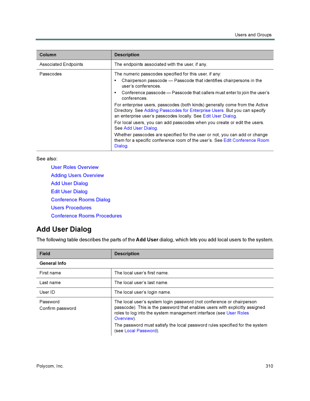 Polycom 7000 manual See Add User Dialog, Overview, See Local Password 