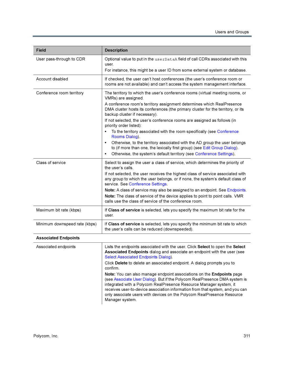 Polycom 7000 manual Rooms Dialog, Service. See Conference Settings, Associated Endpoints 