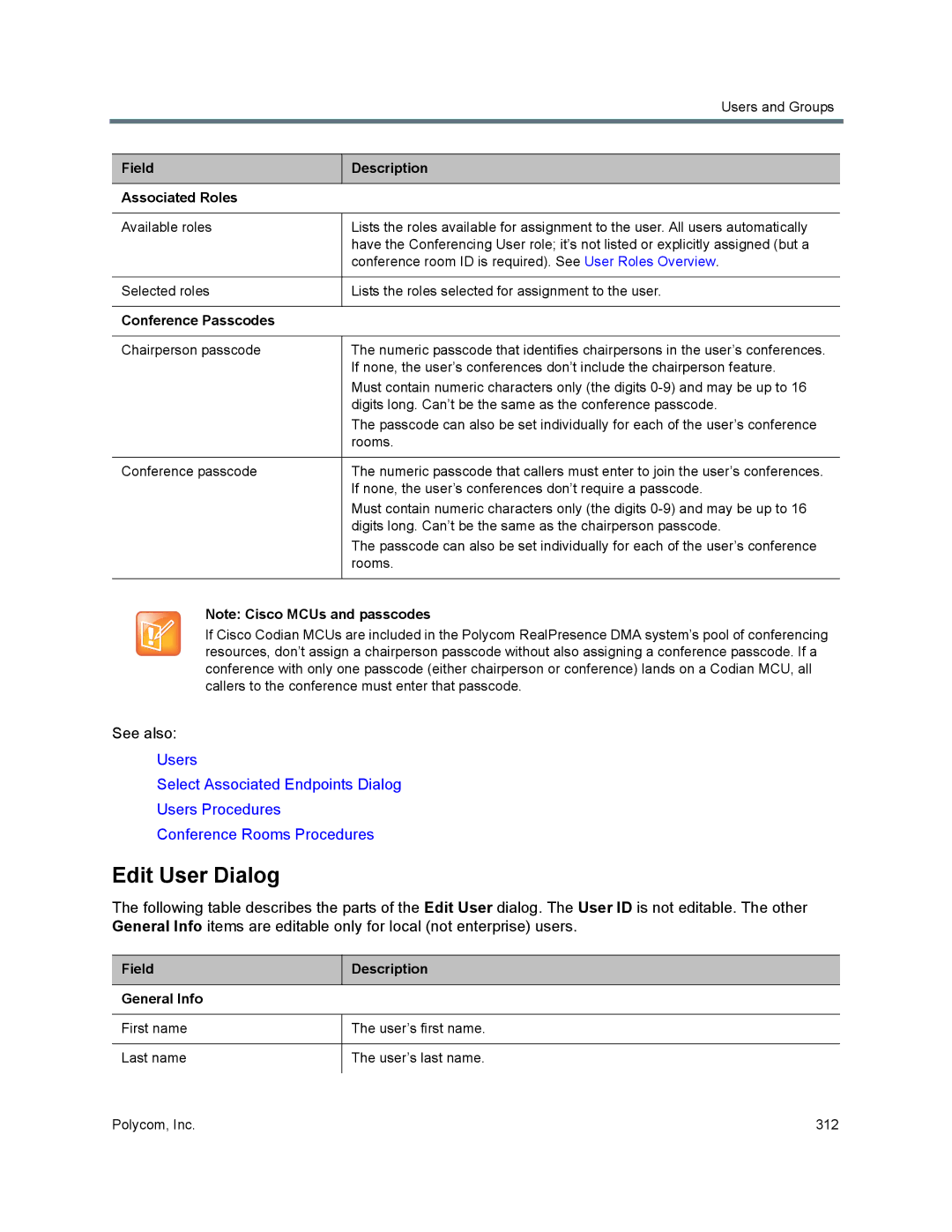 Polycom 7000 manual Edit User Dialog, Field Description Associated Roles, Conference Passcodes 