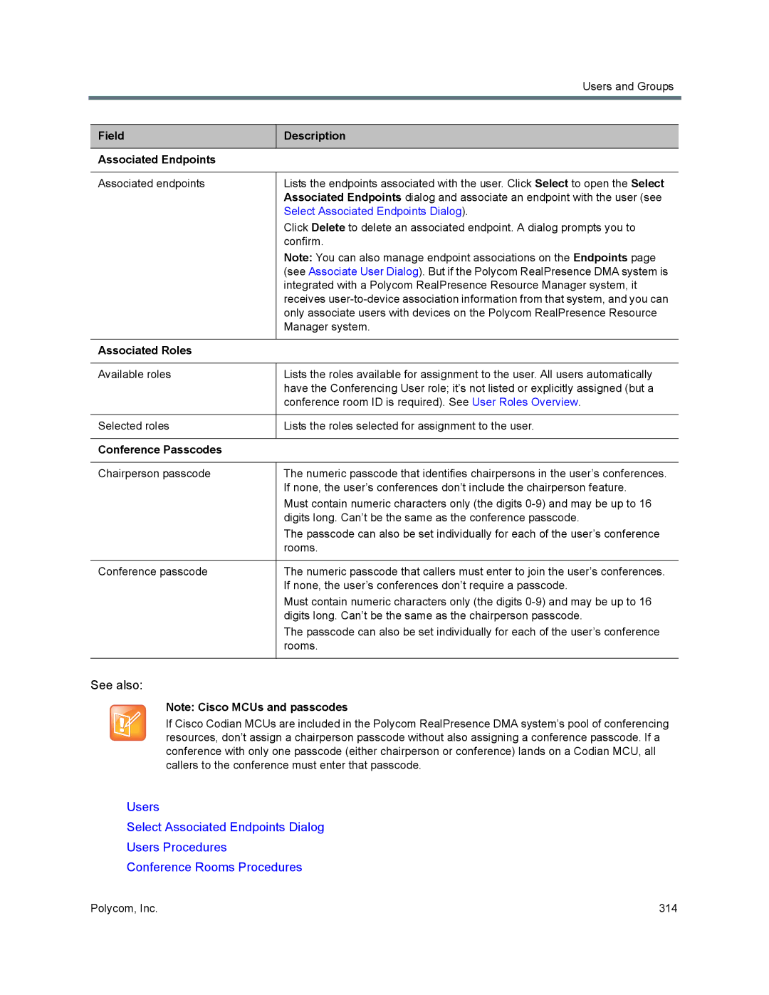 Polycom 7000 manual Field Description Associated Endpoints, Select Associated Endpoints Dialog 