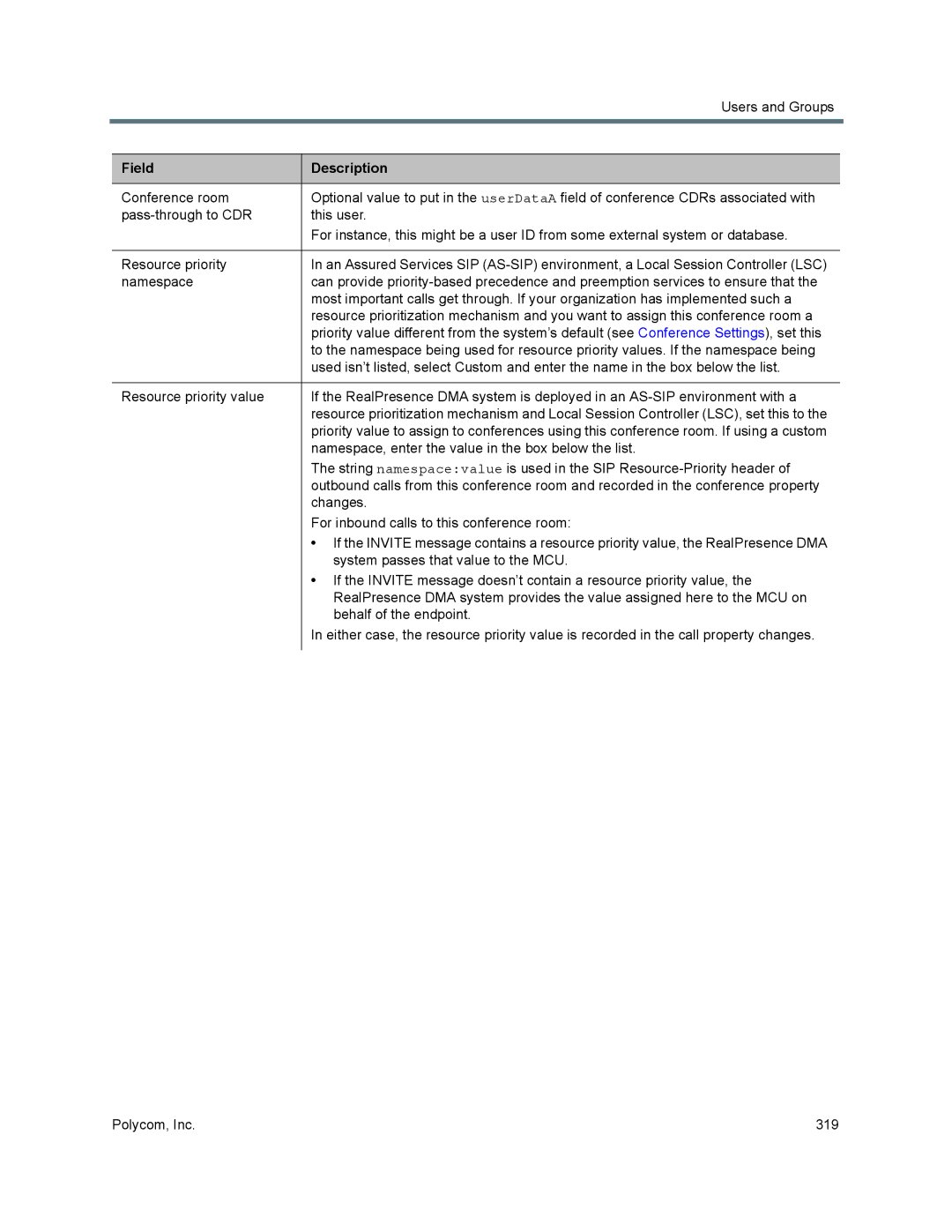 Polycom 7000 manual Namespace, enter the value in the box below the list 