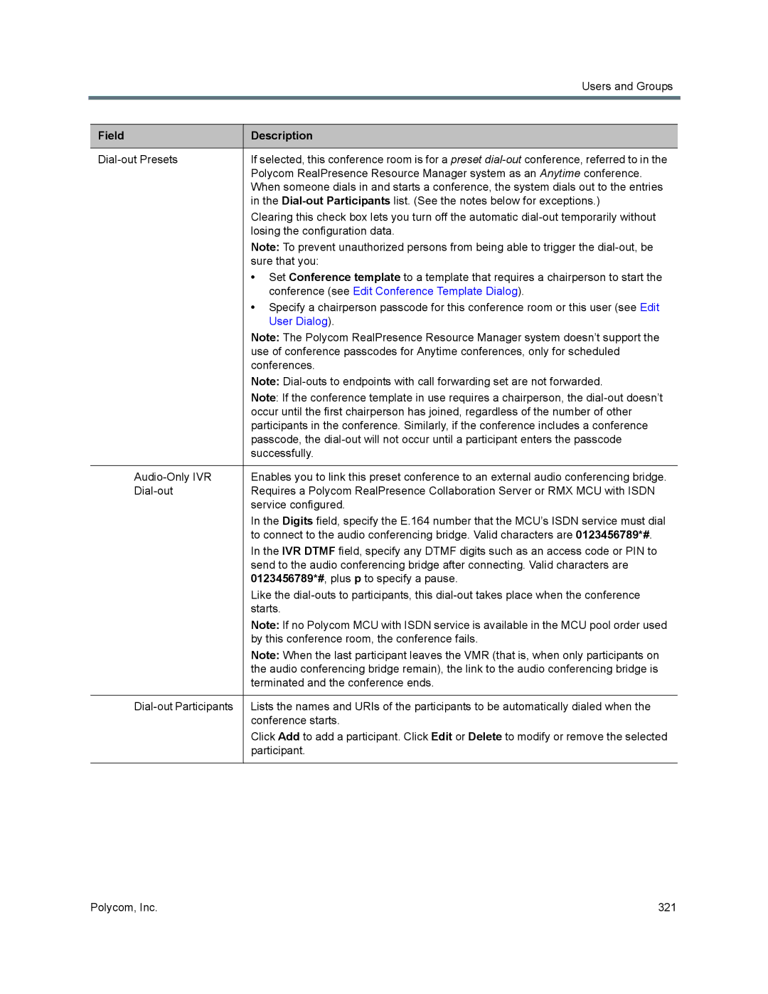 Polycom 7000 manual Conference see Edit Conference Template Dialog, User Dialog 