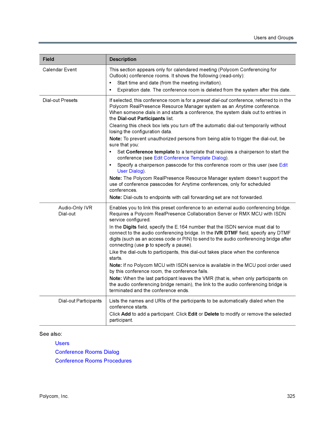 Polycom 7000 manual Dial-out Participants list, Conference see Edit Conference Template Dialog 