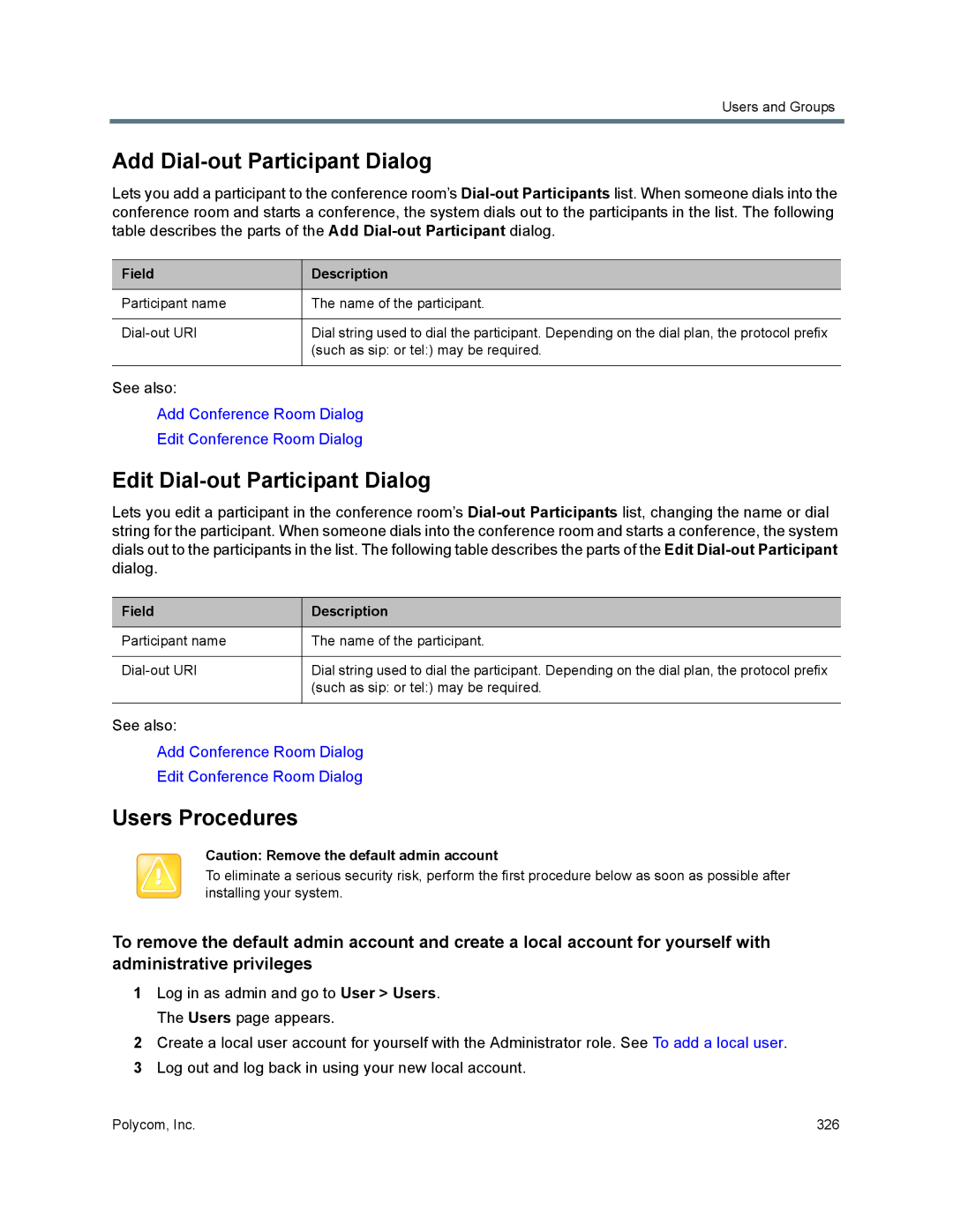 Polycom 7000 manual Add Dial-out Participant Dialog, Edit Dial-out Participant Dialog, Users Procedures 