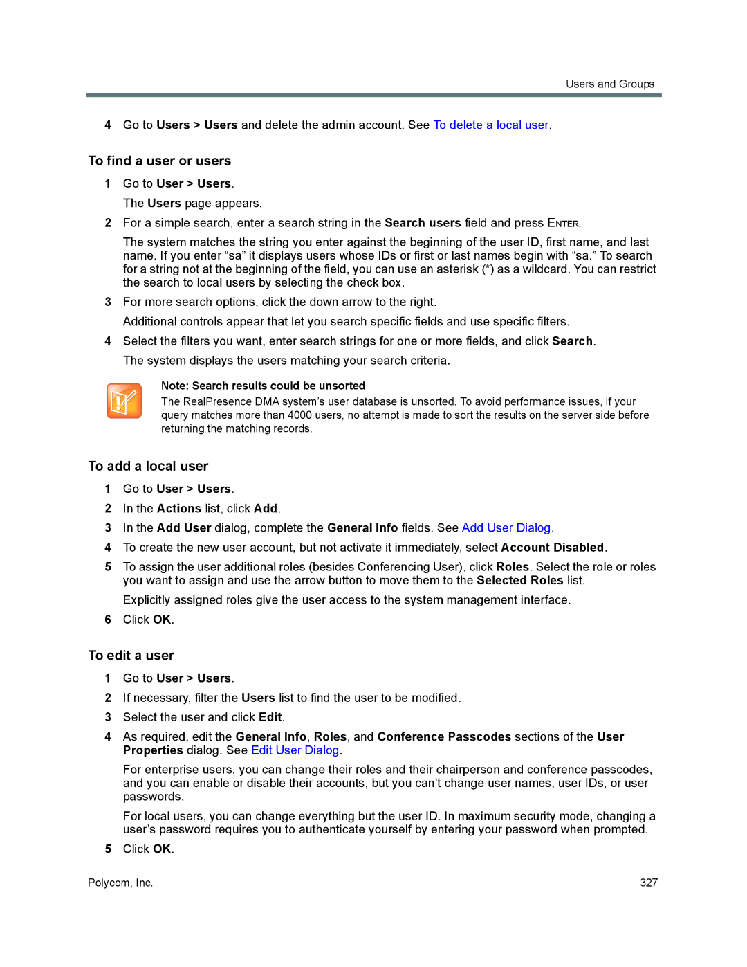 Polycom 7000 manual To find a user or users, To add a local user, To edit a user, Go to User Users 