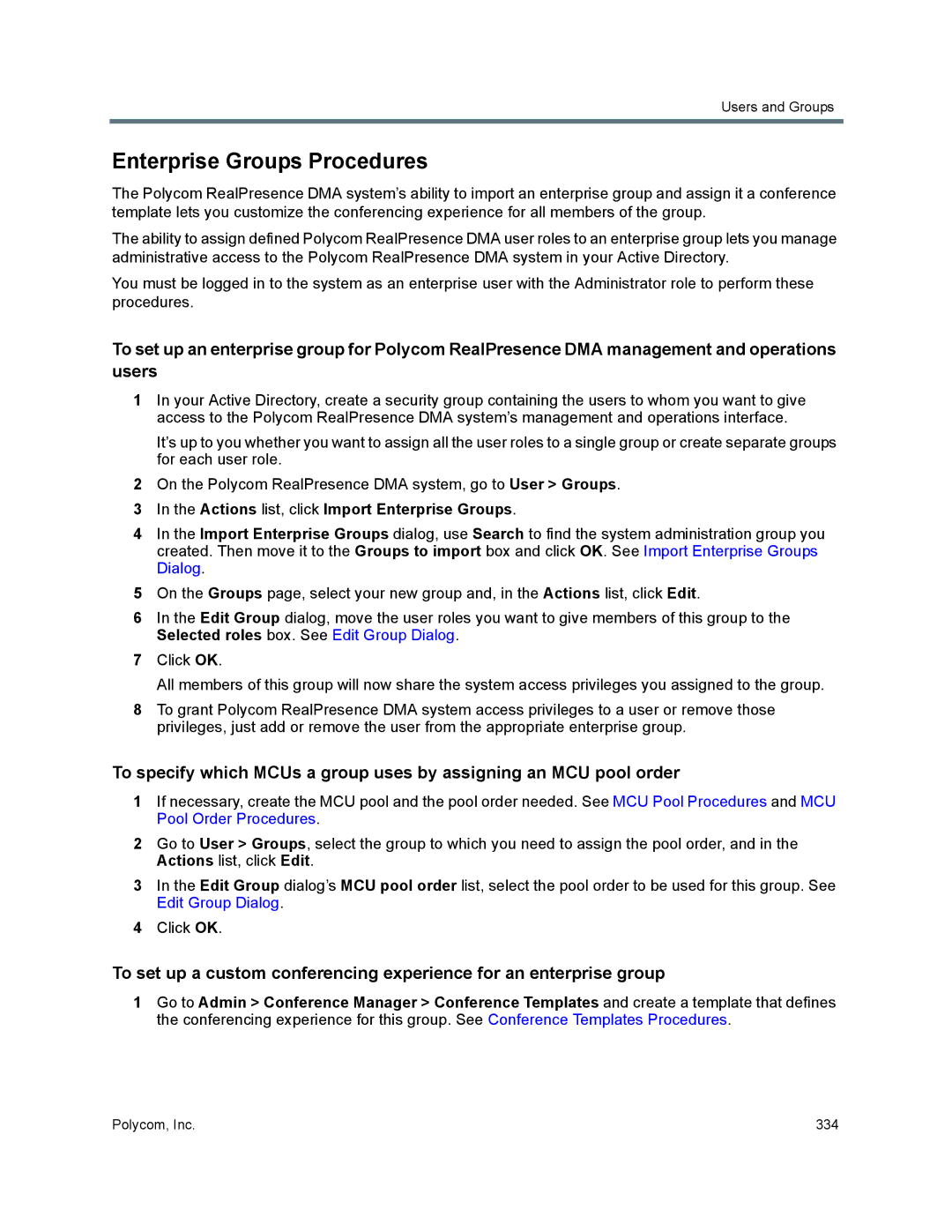 Polycom 7000 manual Enterprise Groups Procedures, Actions list, click Import Enterprise Groups 