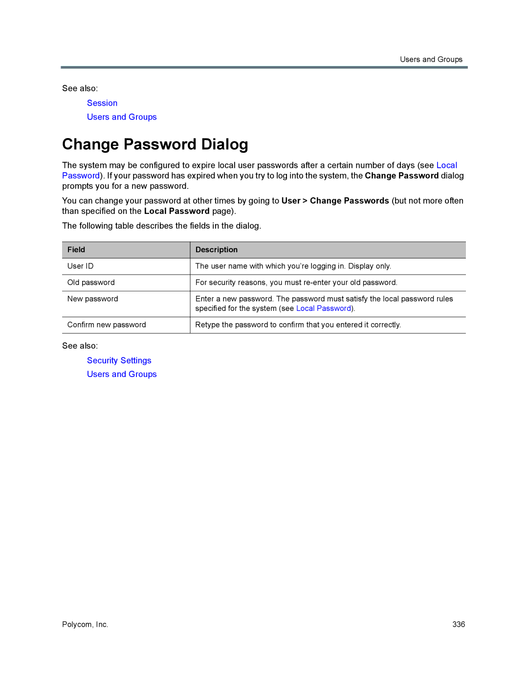 Polycom 7000 manual Change Password Dialog, Field Description 