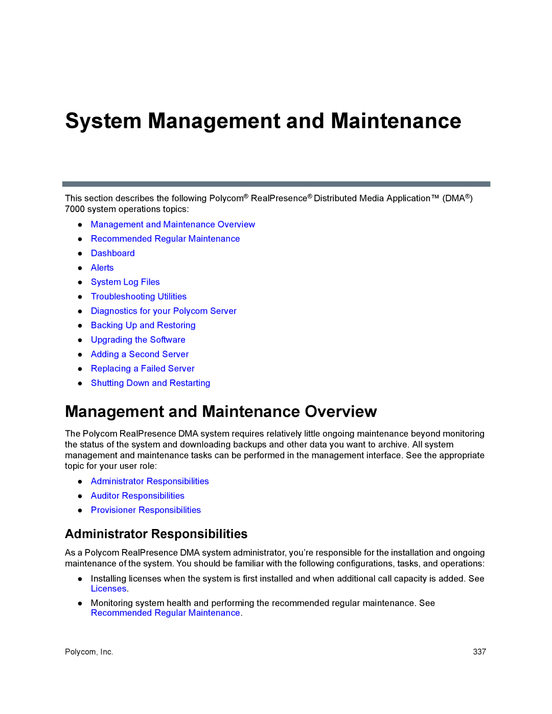 Polycom 7000 manual Management and Maintenance Overview, Administrator Responsibilities 