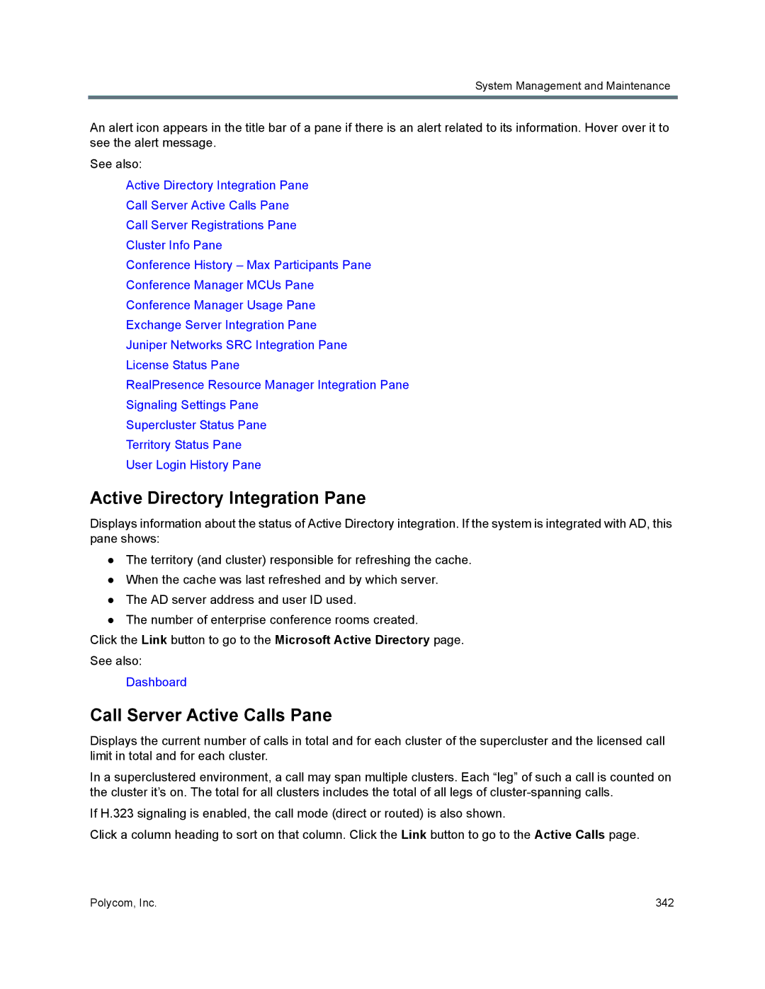 Polycom 7000 manual Active Directory Integration Pane, Call Server Active Calls Pane 