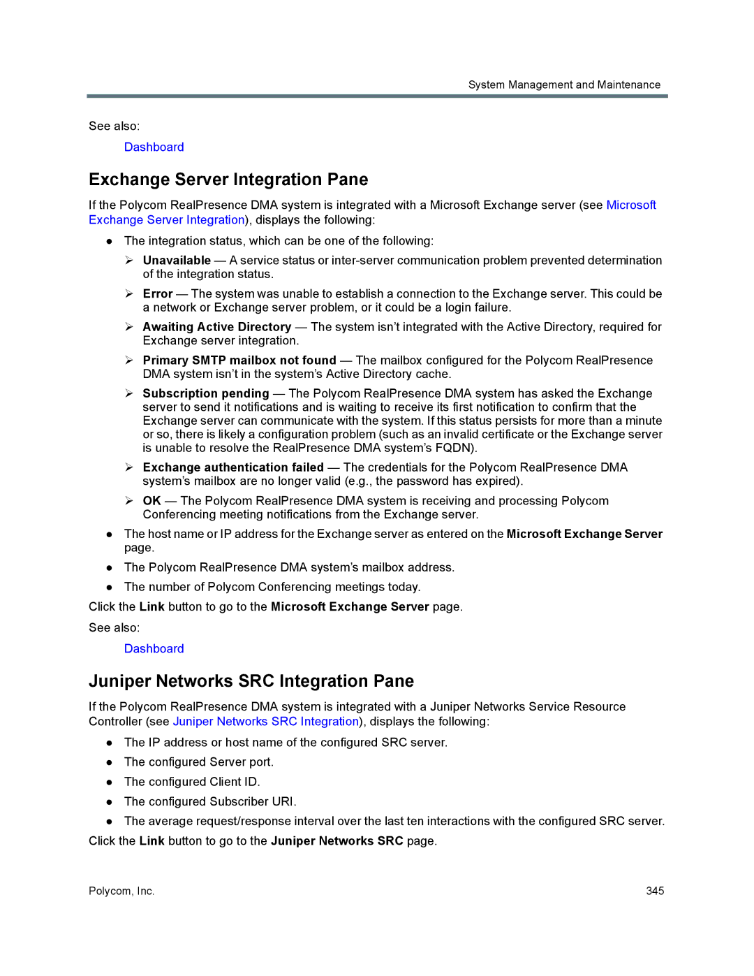 Polycom 7000 manual Exchange Server Integration Pane, Juniper Networks SRC Integration Pane 