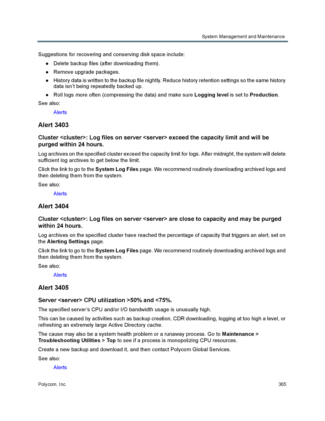 Polycom 7000 manual Server server CPU utilization 50% and 75% 