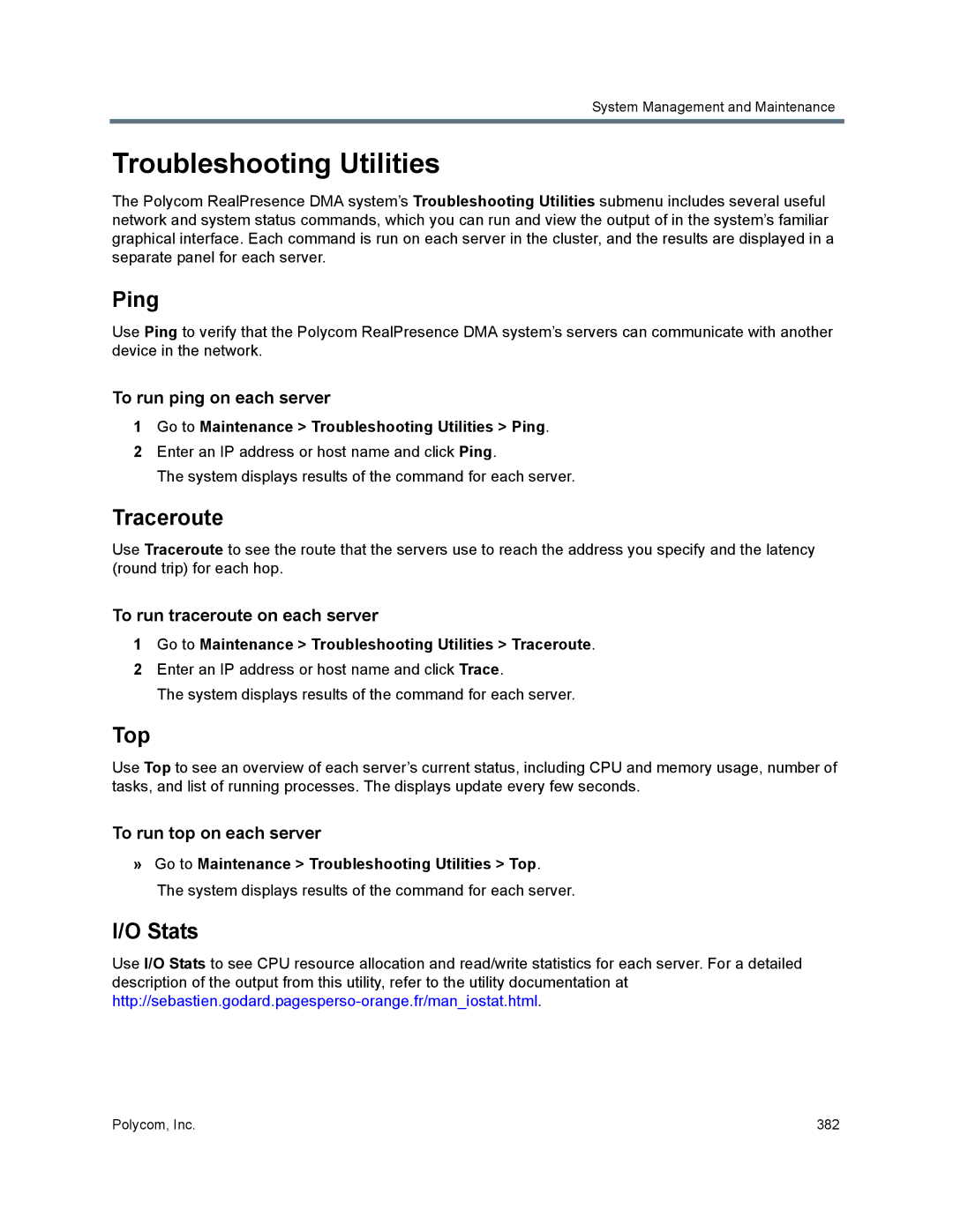 Polycom 7000 manual Troubleshooting Utilities, Ping, Traceroute, Top, Stats 