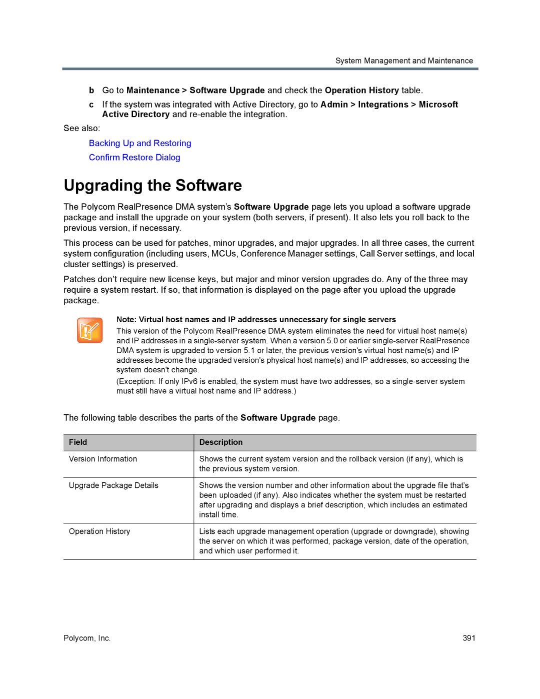 Polycom 7000 manual Upgrading the Software, Following table describes the parts of the Software Upgrade 