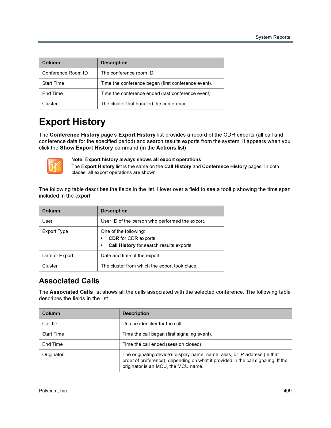 Polycom 7000 manual Export History, Associated Calls 