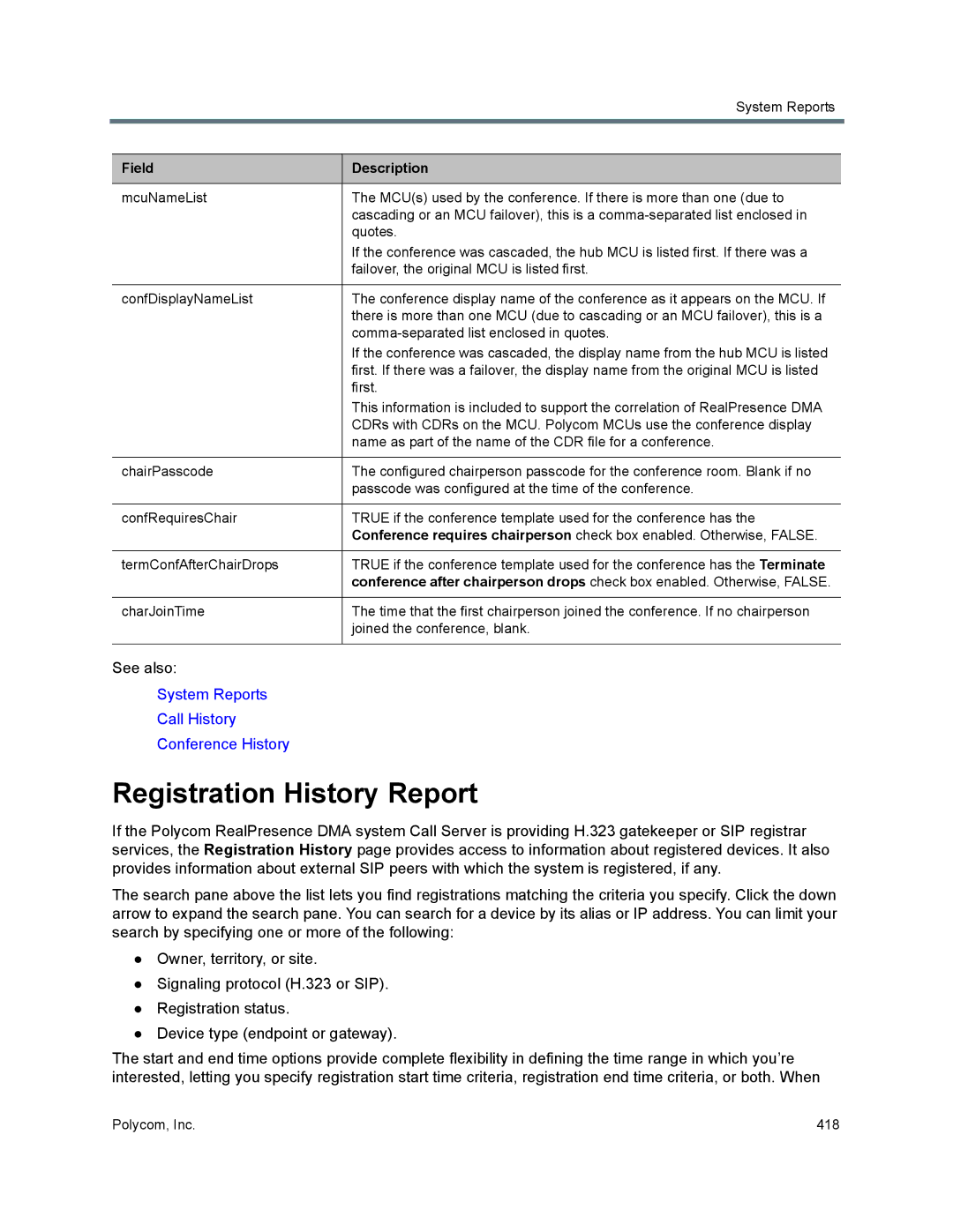 Polycom 7000 manual Registration History Report 