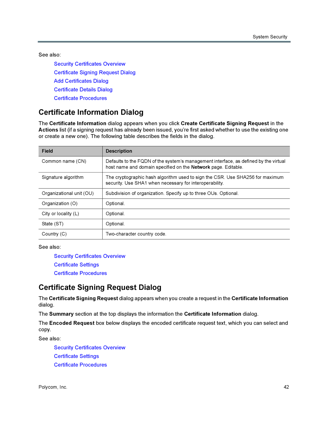 Polycom 7000 manual Certificate Information Dialog, Certificate Signing Request Dialog, Field Description 