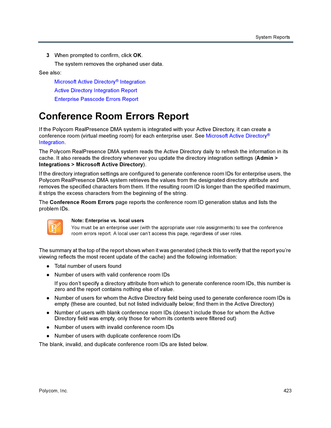 Polycom 7000 manual Conference Room Errors Report 