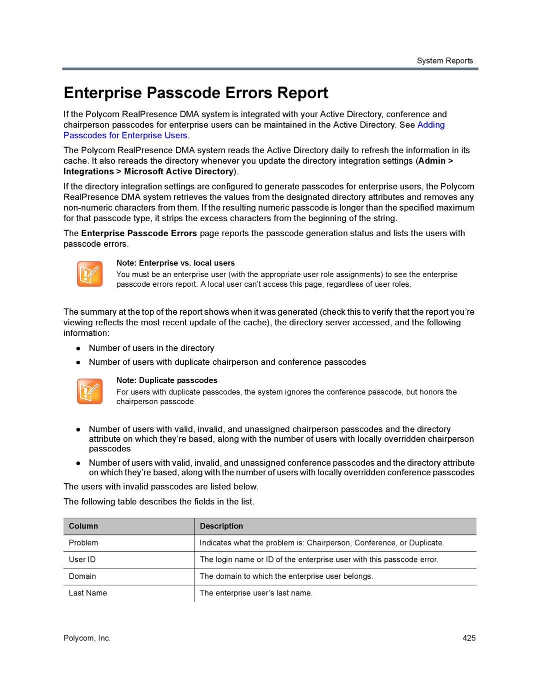 Polycom 7000 manual Enterprise Passcode Errors Report, Column 