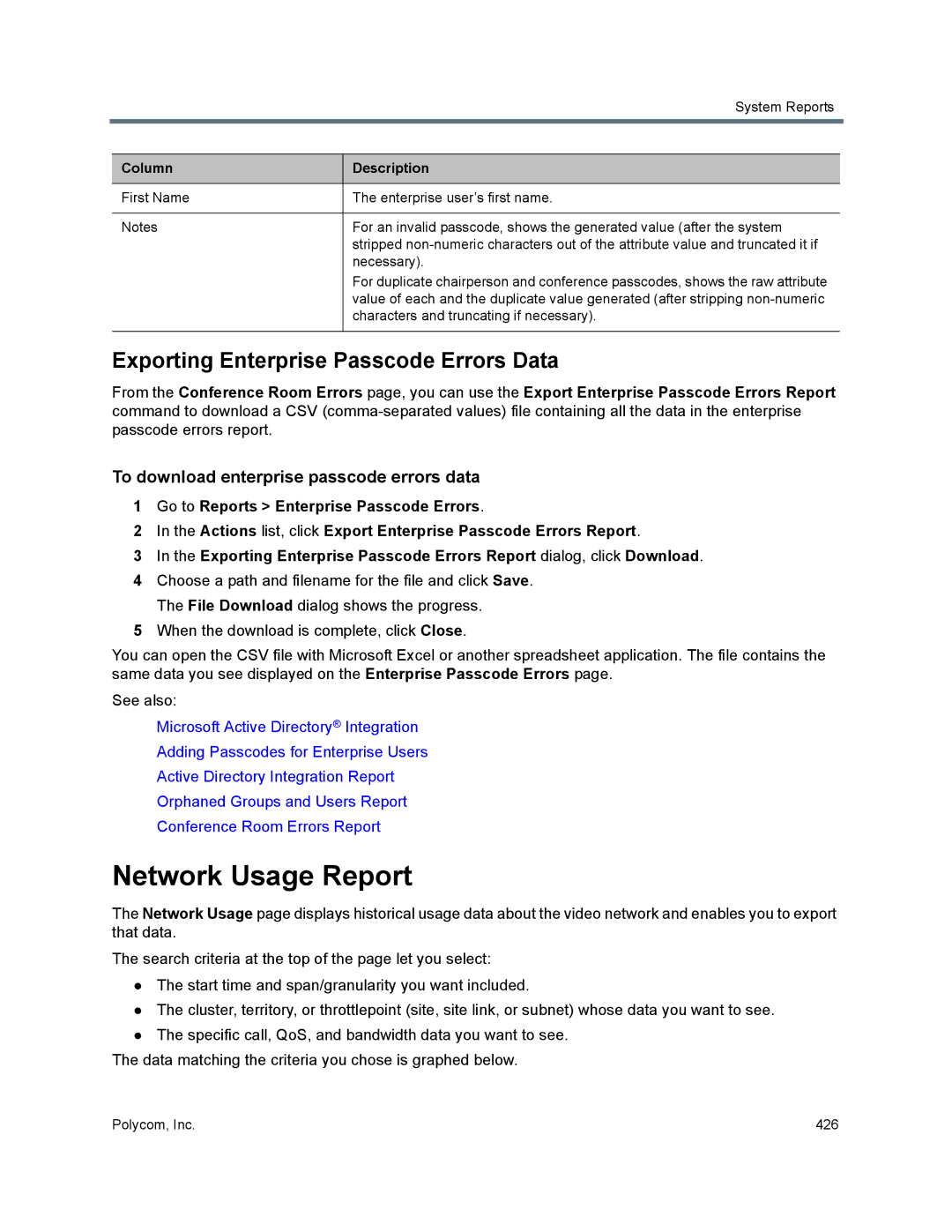 Polycom 7000 Network Usage Report, Exporting Enterprise Passcode Errors Data, To download enterprise passcode errors data 