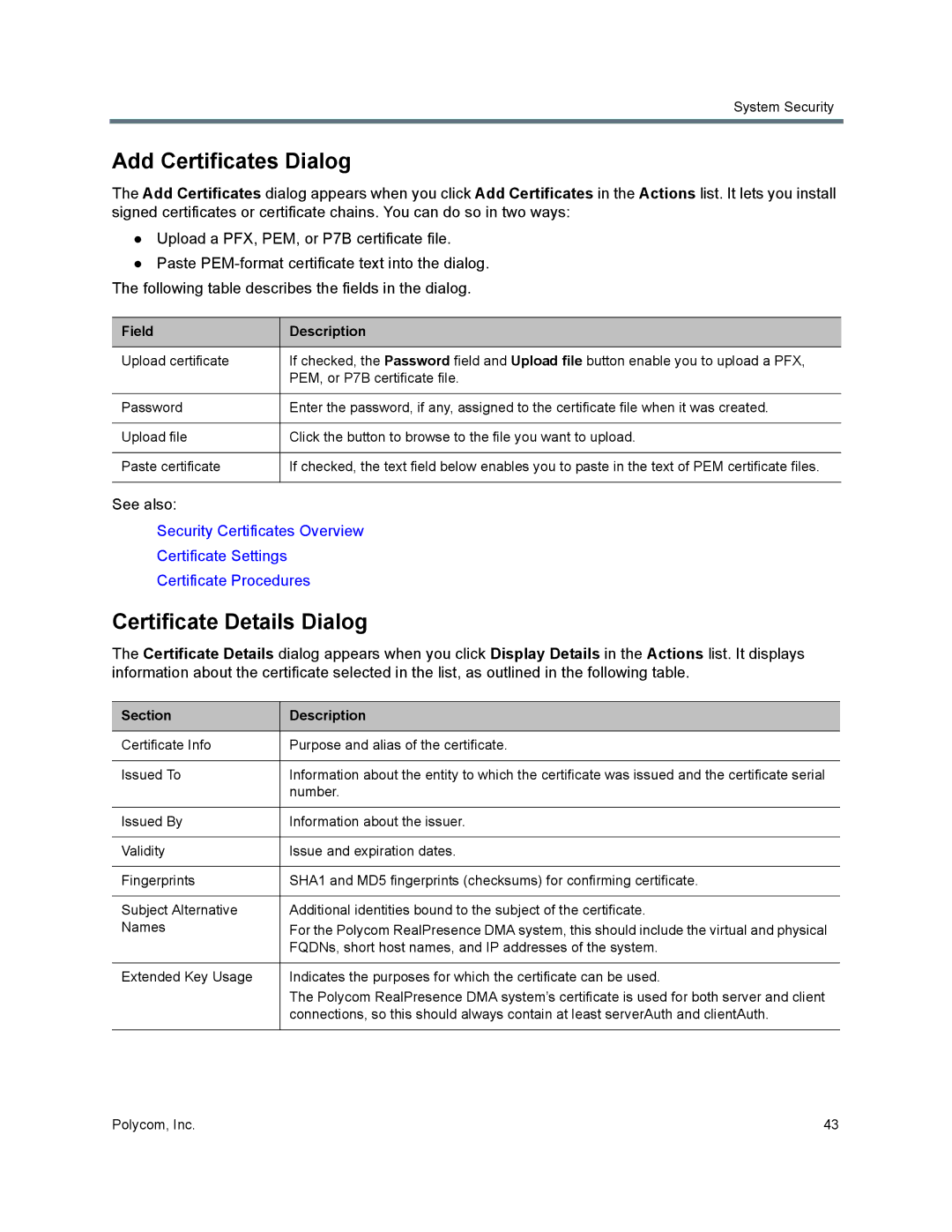 Polycom 7000 manual Add Certificates Dialog, Certificate Details Dialog, Section Description 