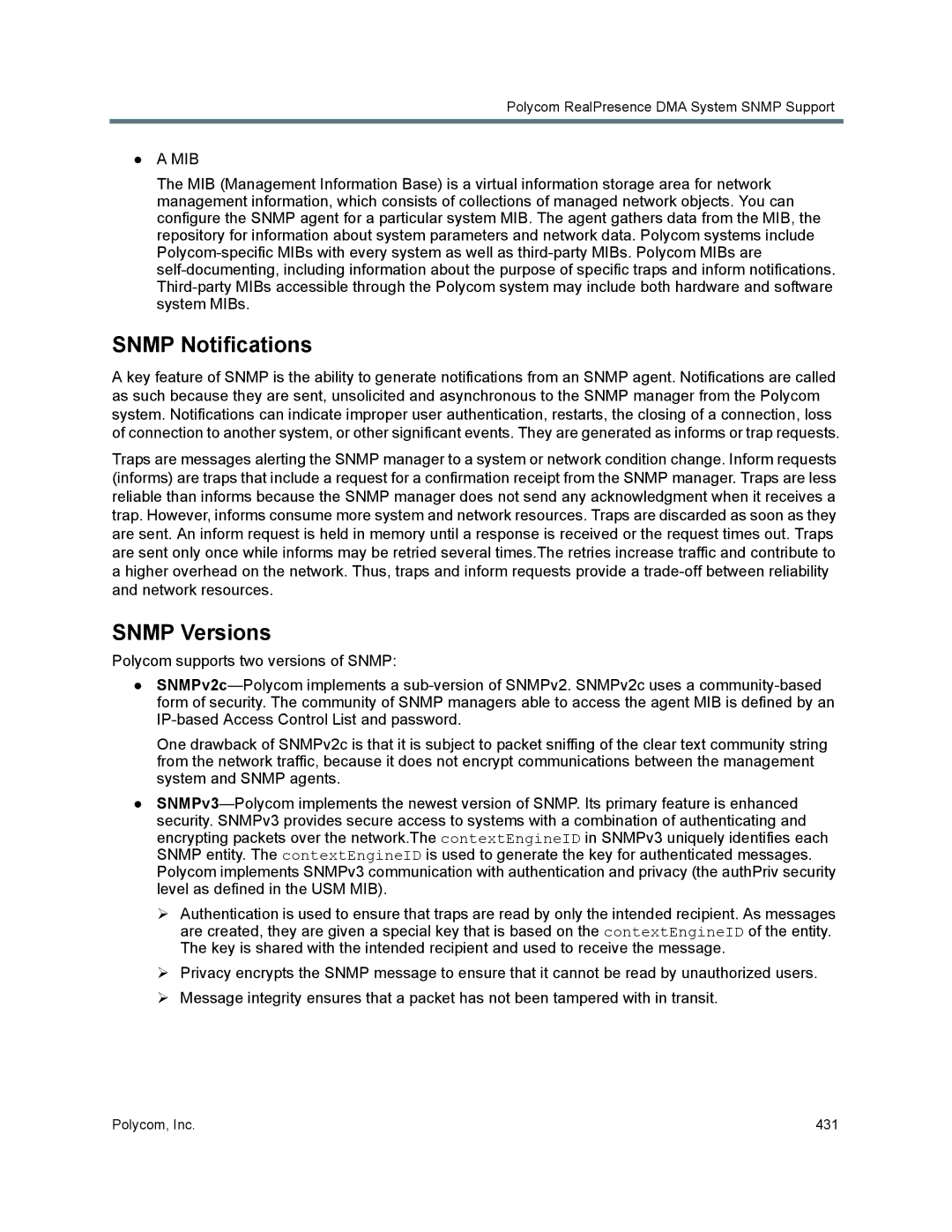 Polycom 7000 manual Snmp Notifications, Snmp Versions 