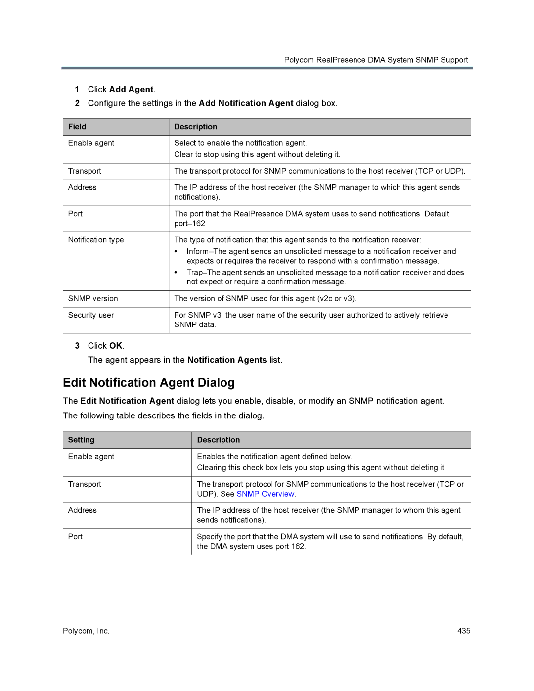 Polycom 7000 manual Edit Notification Agent Dialog, Click Add Agent, UDP. See Snmp Overview 