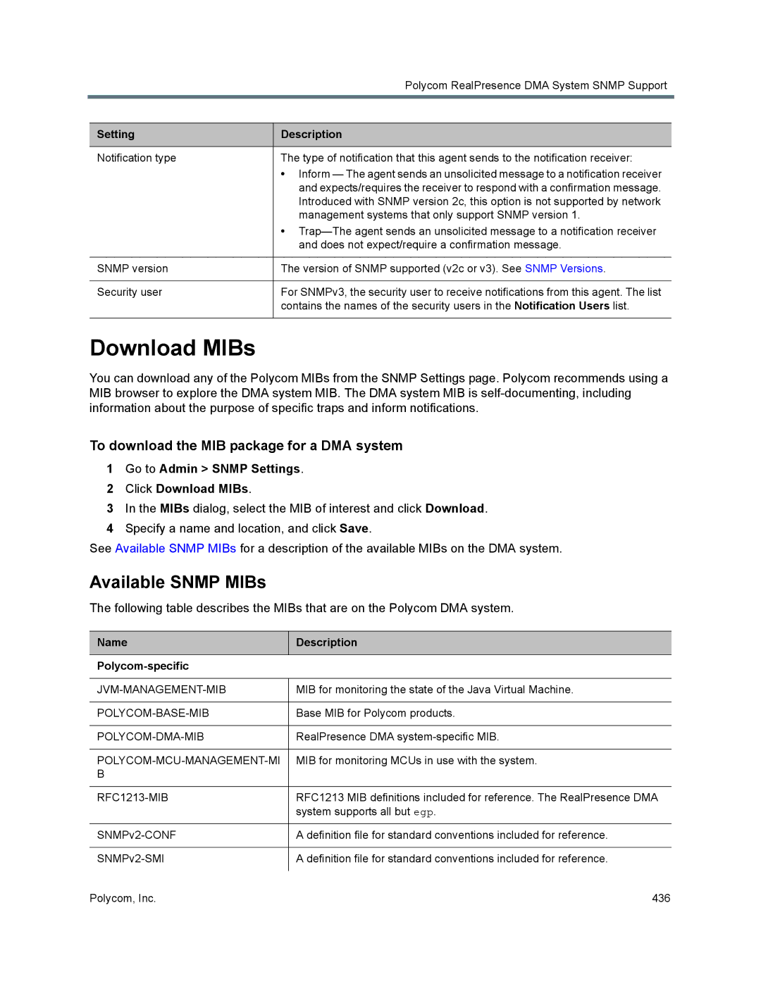 Polycom 7000 manual Download MIBs, Available Snmp MIBs, To download the MIB package for a DMA system 