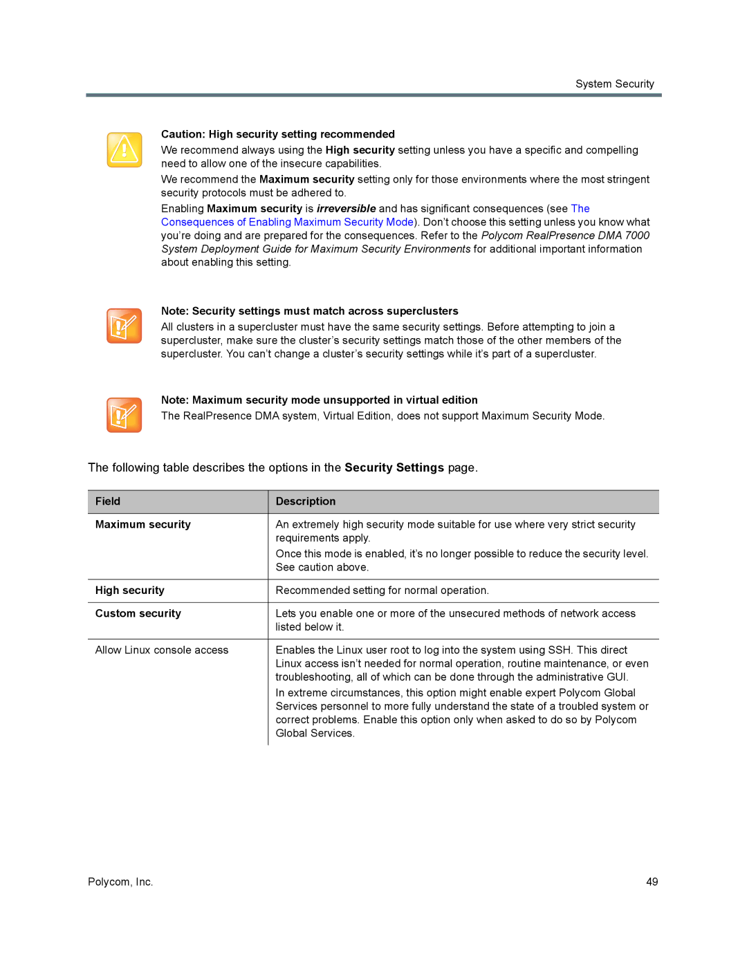 Polycom 7000 manual Field Description Maximum security, High security, Custom security 
