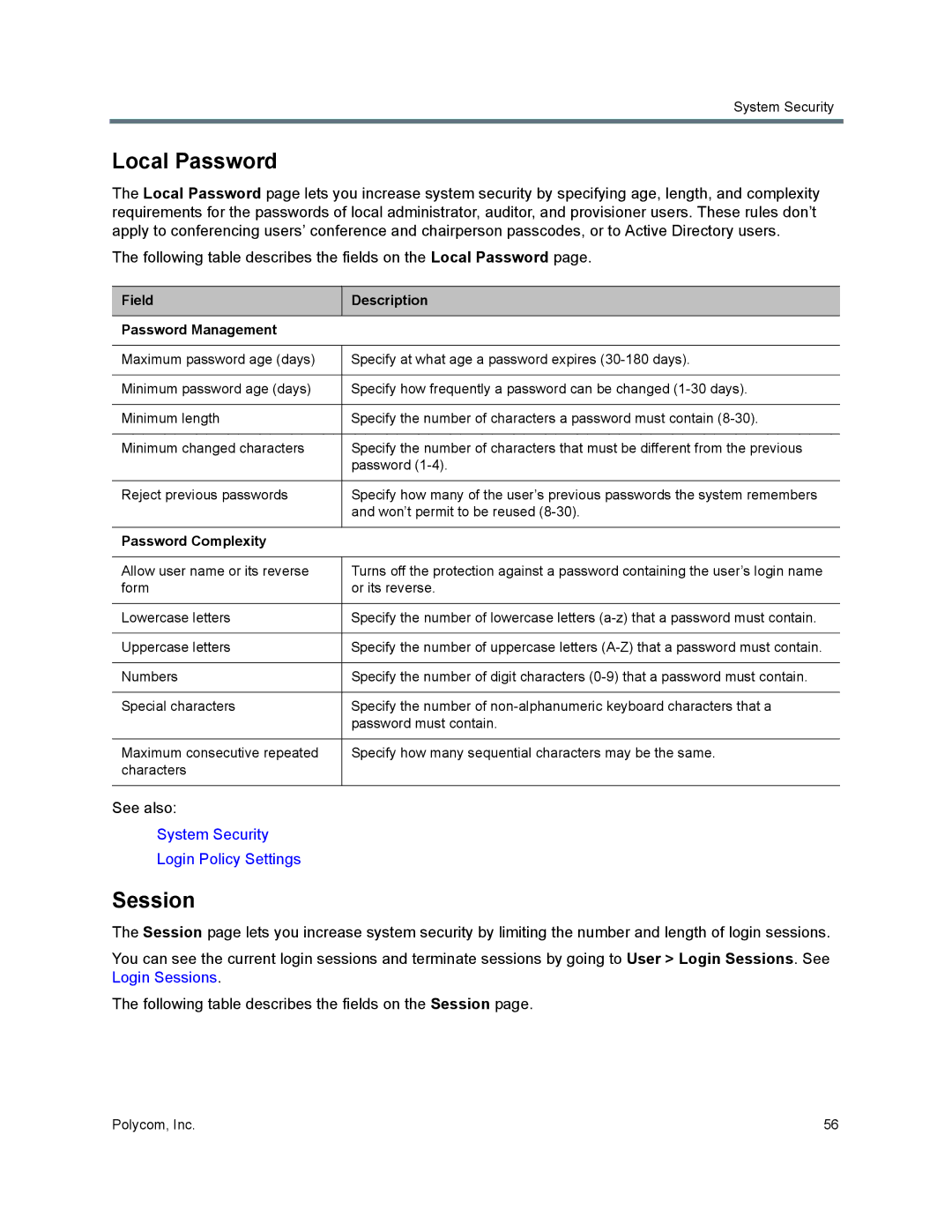 Polycom 7000 manual Local Password, Session, Field Description Password Management, Password Complexity 