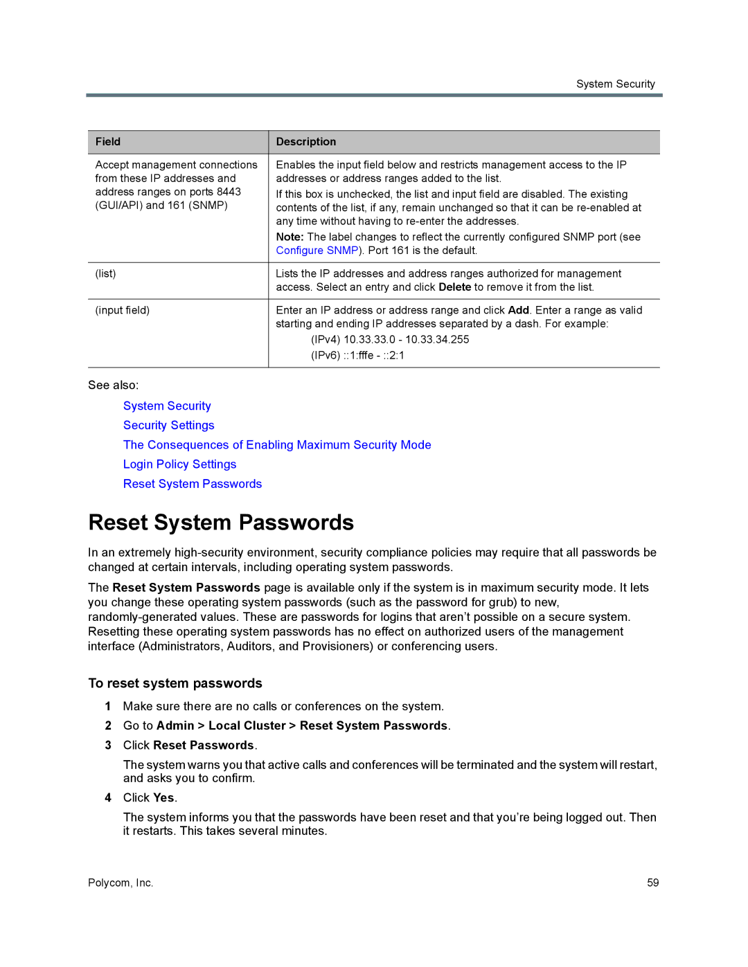 Polycom 7000 manual Reset System Passwords, To reset system passwords 