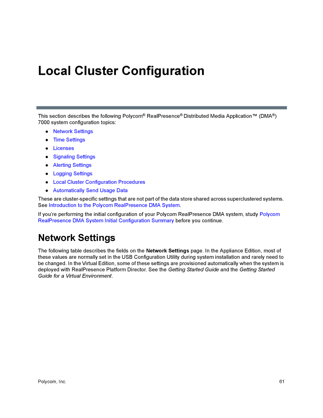 Polycom 7000 manual Local Cluster Configuration, Network Settings 