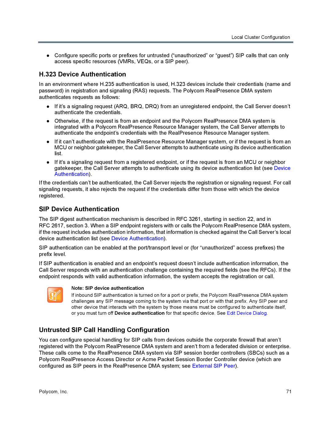 Polycom 7000 manual SIP Device Authentication, Untrusted SIP Call Handling Configuration 