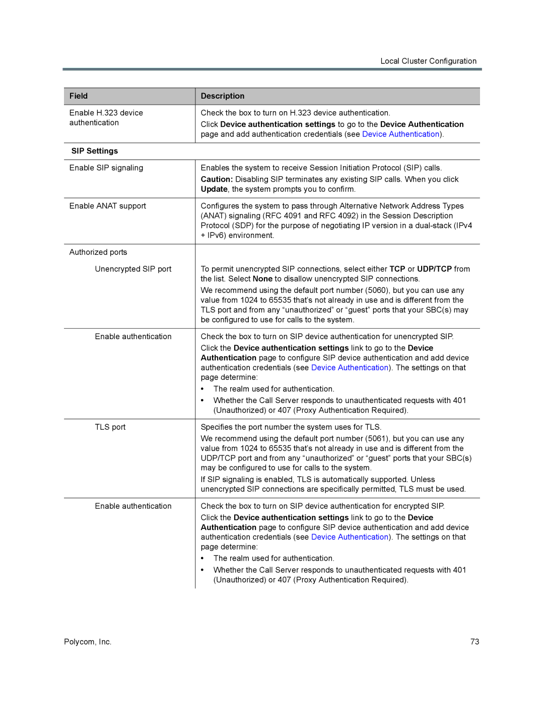 Polycom 7000 manual Field Description, SIP Settings 