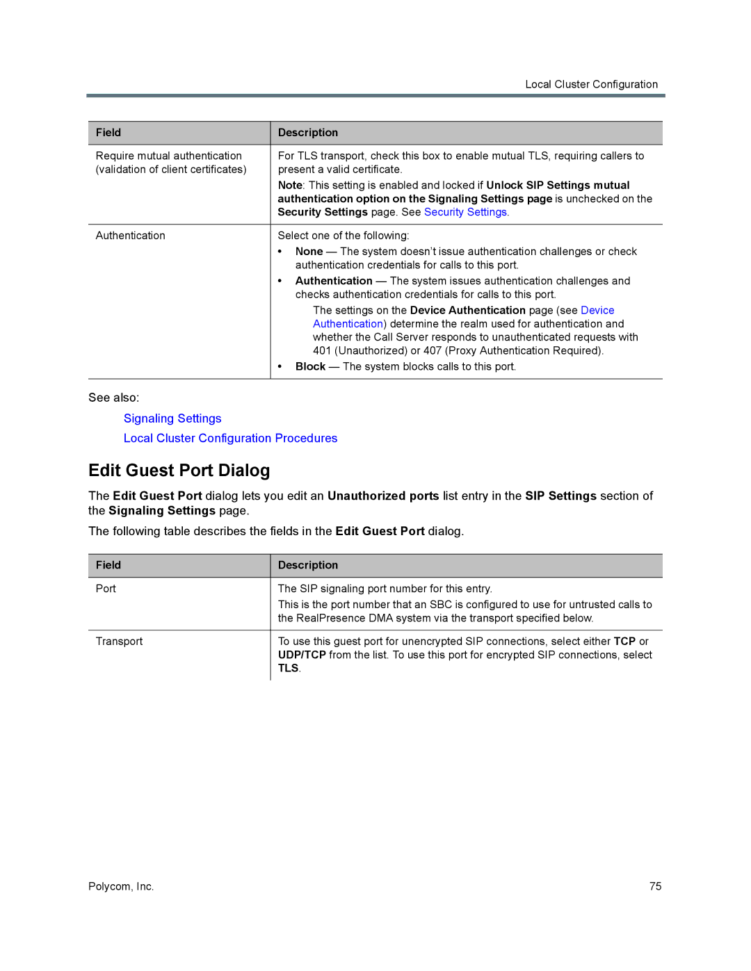 Polycom 7000 manual Edit Guest Port Dialog, Security Settings page. See Security Settings 