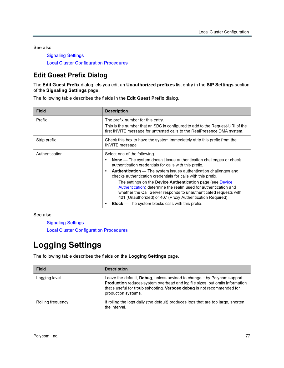 Polycom 7000 manual Logging Settings, Edit Guest Prefix Dialog 