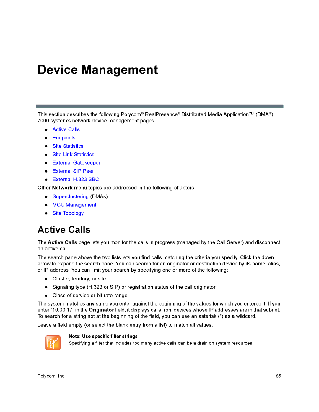 Polycom 7000 manual Device Management, Active Calls 