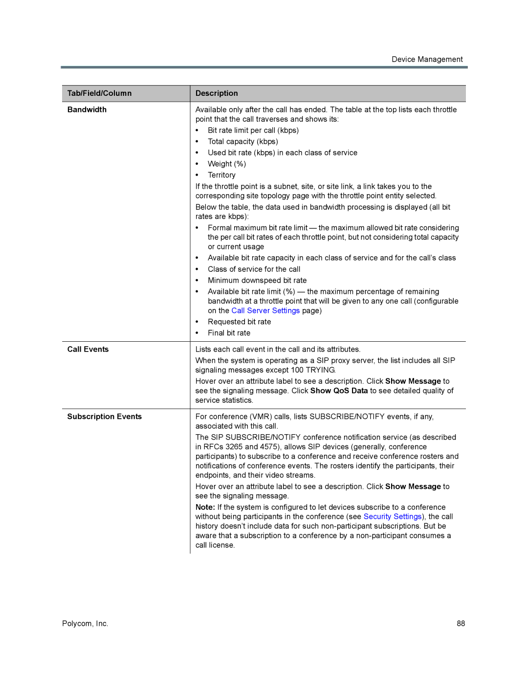 Polycom 7000 manual Tab/Field/Column Description Bandwidth, On the Call Server Settings, Call Events, Subscription Events 