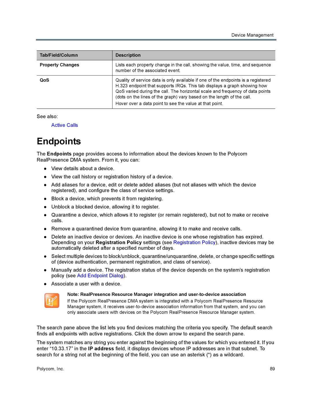 Polycom 7000 manual Endpoints, Tab/Field/Column Description Property Changes, QoS 