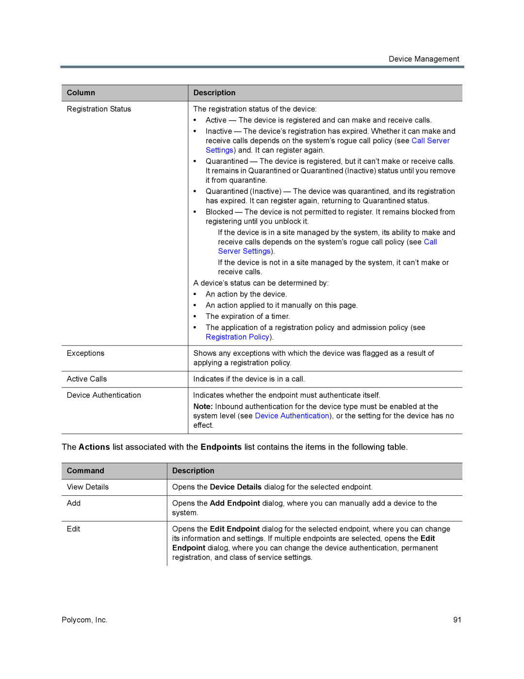 Polycom 7000 manual Server Settings, Registration Policy, Command Description 