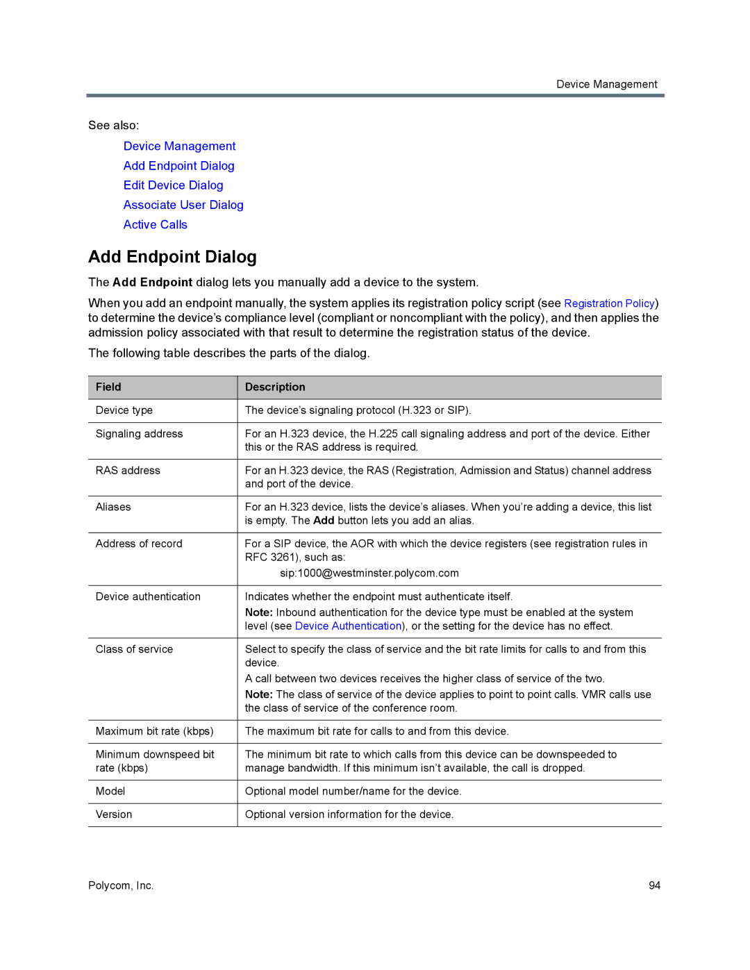 Polycom 7000 manual Add Endpoint Dialog, Field Description 