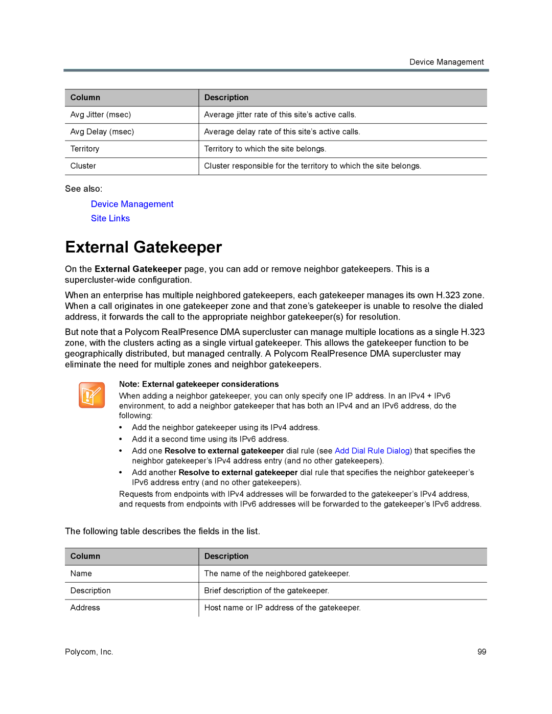 Polycom 7000 manual External Gatekeeper, Column 