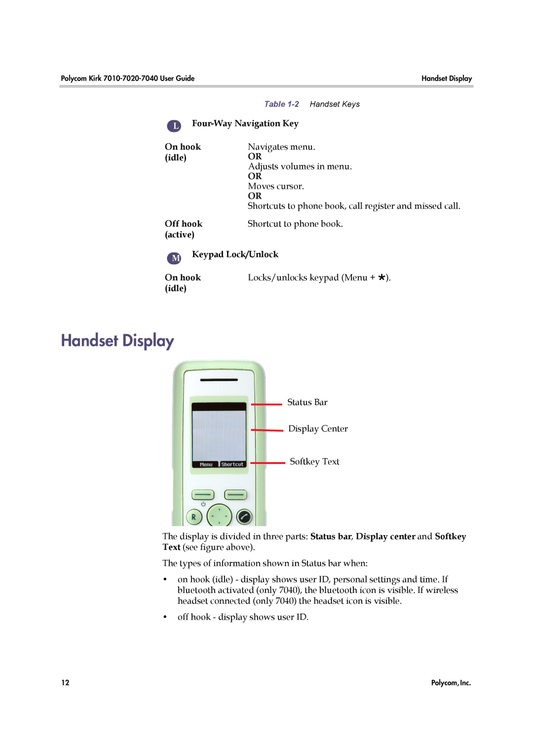 Polycom 7010-7020-7040, 14184663-HD manual Handset Display, Four-Way Navigation Key On hook idle 