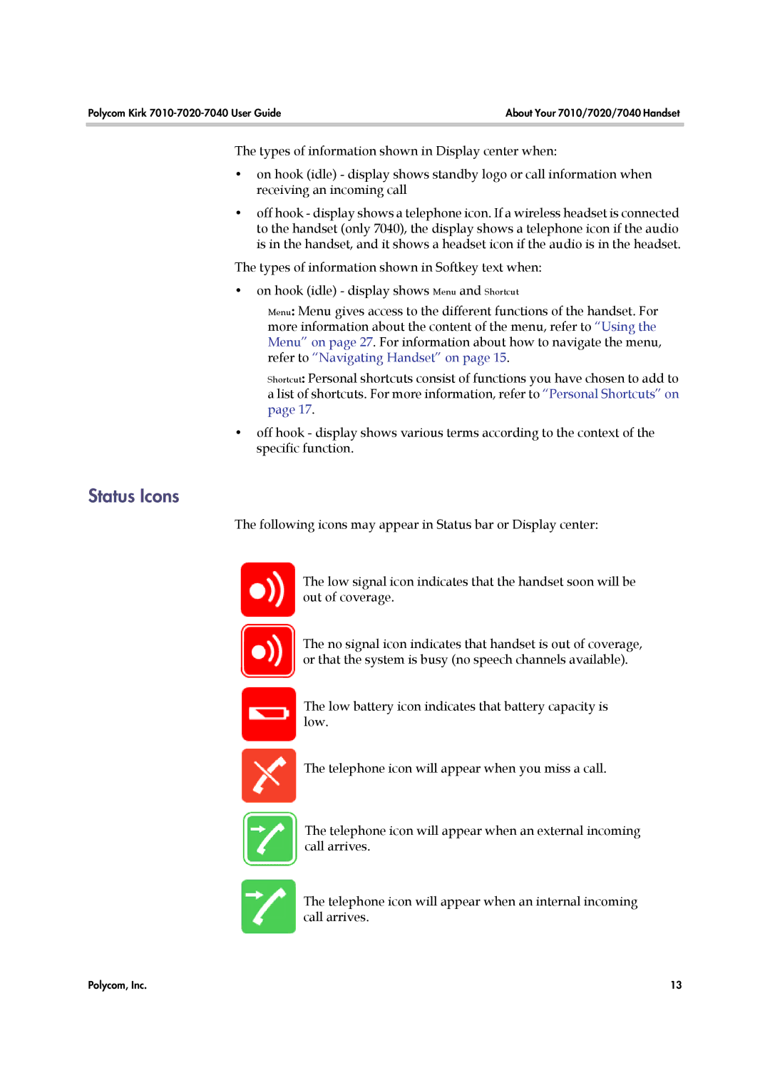 Polycom 7010-7020-7040, 14184663-HD manual Status Icons 