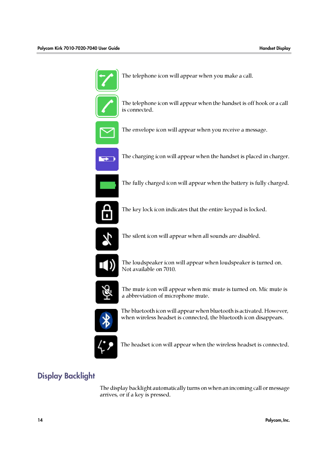 Polycom 14184663-HD, 7010-7020-7040 manual Display Backlight 