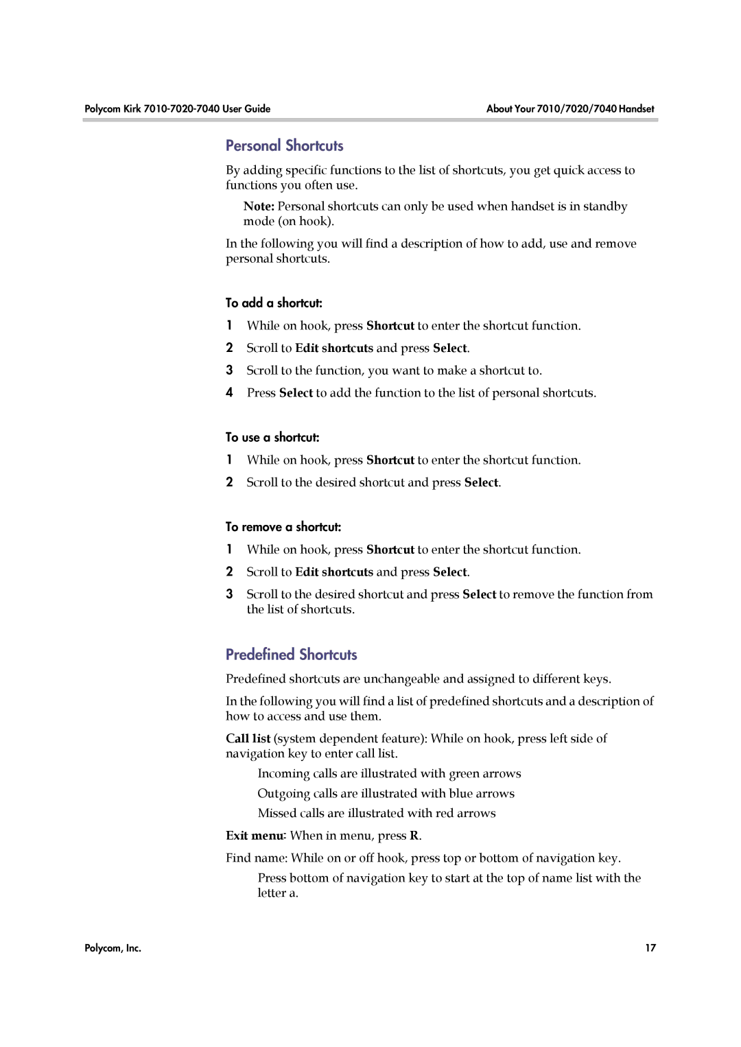 Polycom 7010-7020-7040, 14184663-HD manual Personal Shortcuts 