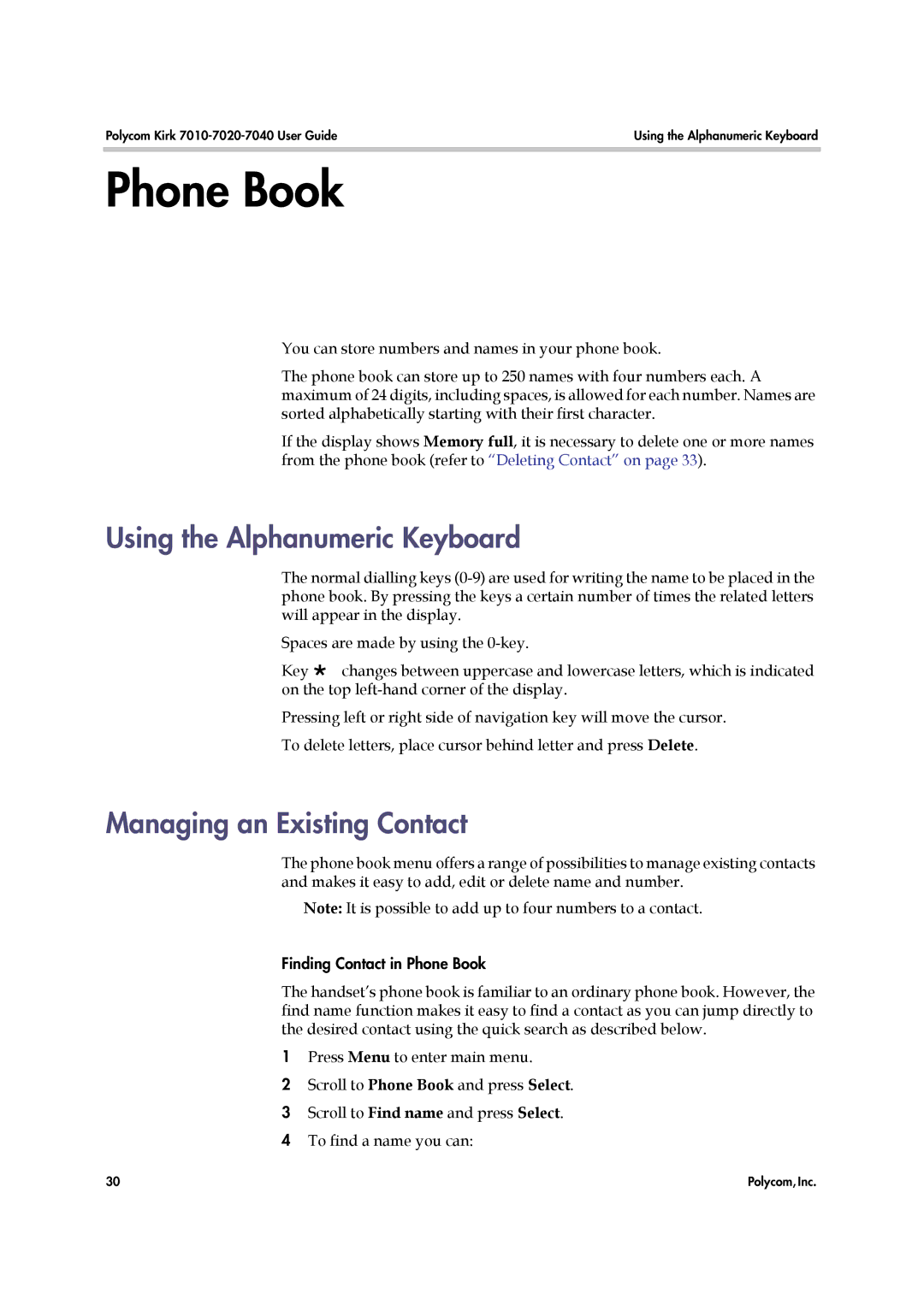 Polycom 7010-7020-7040, 14184663-HD Phone Book, Using the Alphanumeric Keyboard, Managing an Existing Contact 