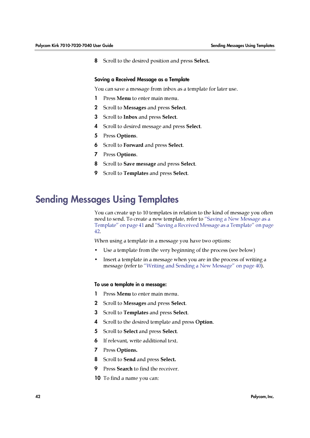 Polycom 7010-7020-7040, 14184663-HD manual Sending Messages Using Templates, Press Options 