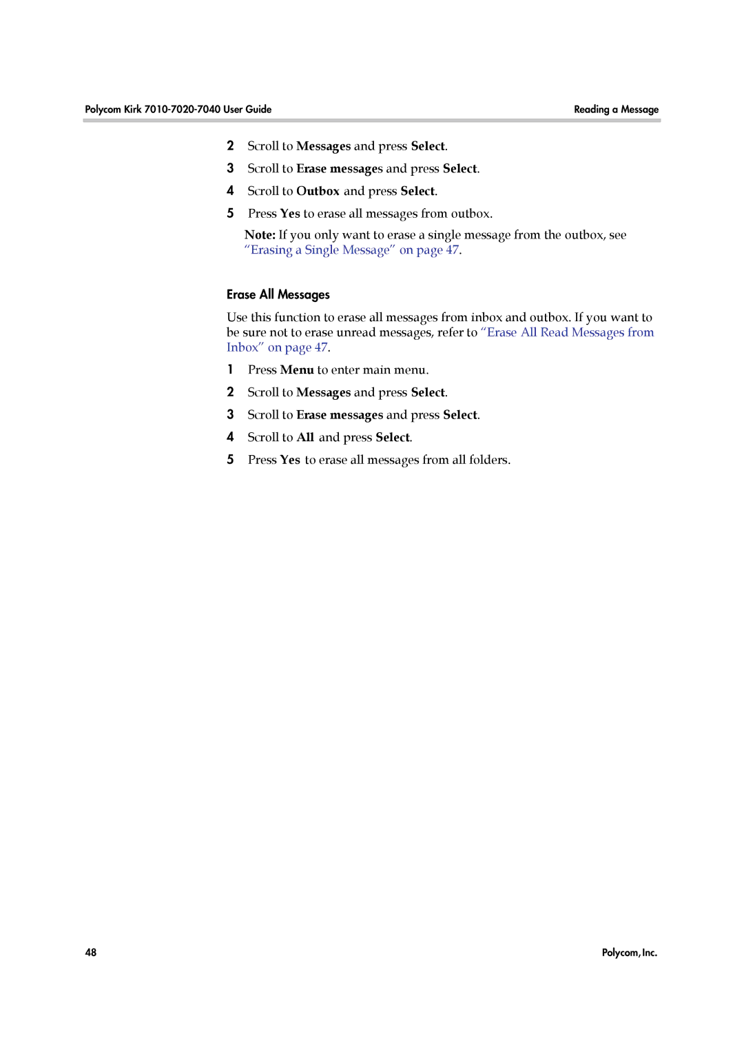 Polycom 7010-7020-7040, 14184663-HD manual Erase All Messages 